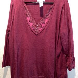 Nine West Deep Red Lace Accent Blouse